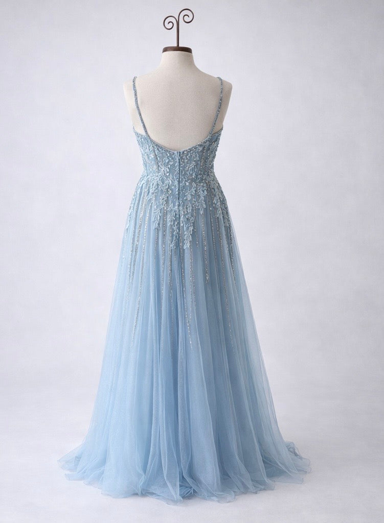 Ethereal Ice Blue Beaded Tulle A-Line Evening Gown - Spaghetti Strap Formal Dress