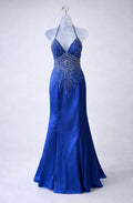 Royal Blue Beaded Halter Mermaid Gown – Open Back Satin Evening Dress