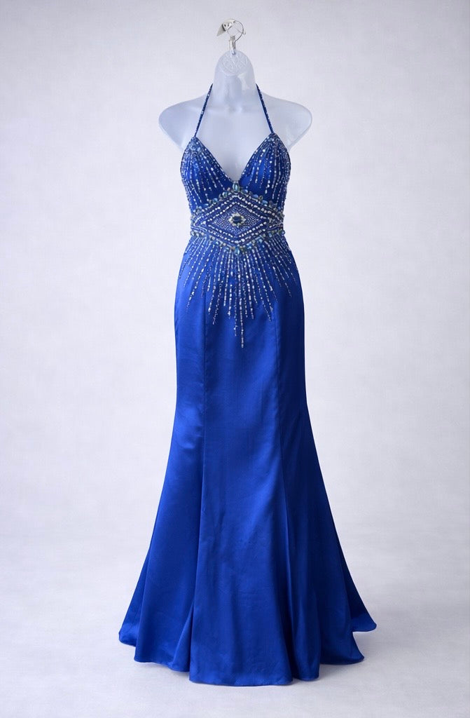 Royal Blue Beaded Halter Mermaid Gown – Open Back Satin Evening Dress