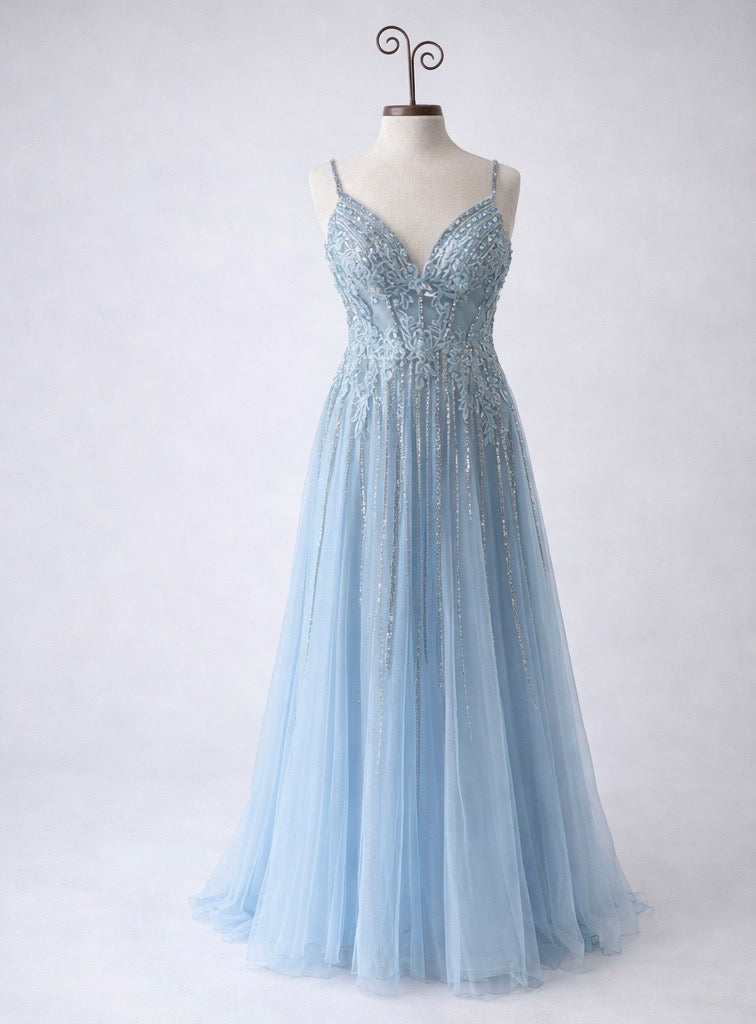 Ethereal Ice Blue Beaded Tulle A-Line Evening Gown - Spaghetti Strap Formal Dress
