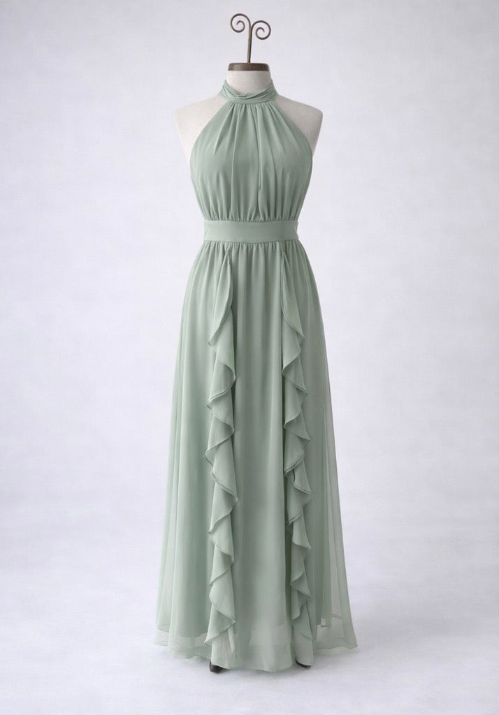 Sage Green Halter Neck Chiffon Maxi Dress - Ruffle Front A-Line Formal Gown