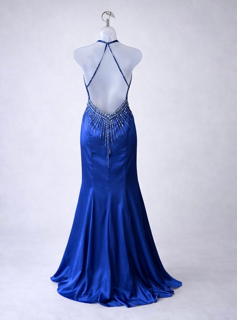Royal Blue Beaded Halter Mermaid Gown – Open Back Satin Evening Dress