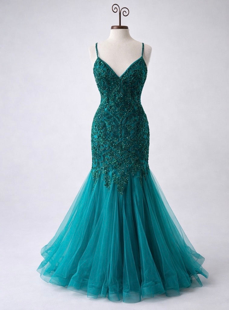 Blue Mermaid Tulle Gown – Strapless Corset Formal Dress with Glitter Skirt