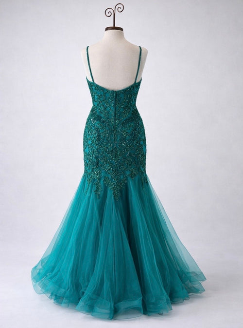 Blue Mermaid Tulle Gown – Strapless Corset Formal Dress with Glitter Skirt