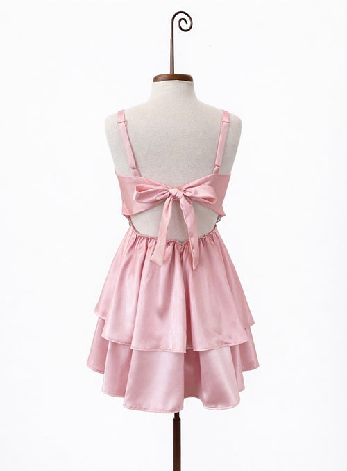 Blush Satin Bow-Back Dress – Handmade Layered Party Dress